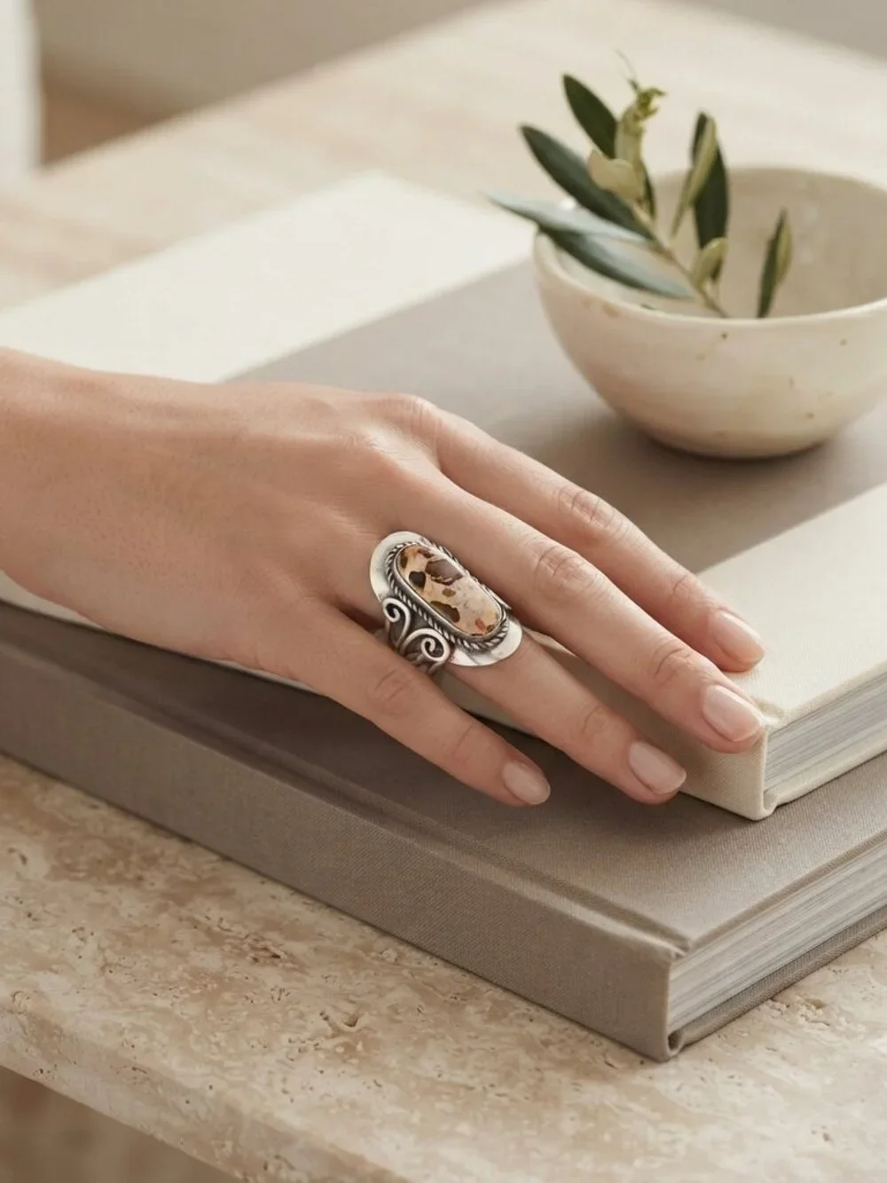 Artisan Silver & Earth-Tone Swirl Statement Ring Adjustable Boho-Luxe Band - Picture 2 of 10